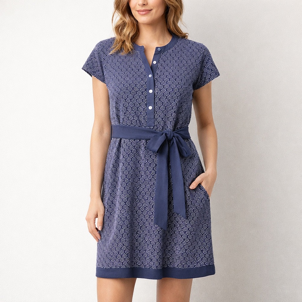 DKNY Women's Blue White Polka Dot Eyelet Lace Patterned Tunic Dress Size Large